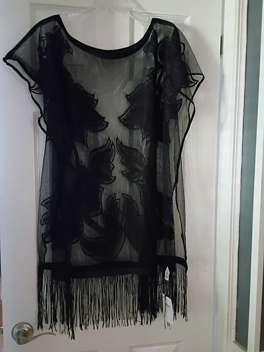 New Swim Coverup Black Sheer Mesh Fringe Tunic with Floral Appliqué